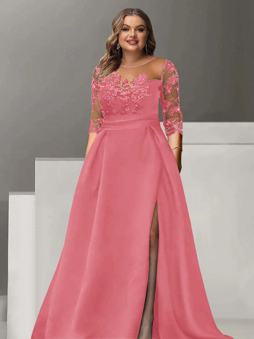 Sweetheart A-Line Princess Floor-Length Plus Size Mother of the Bride Dress with 3/4 Sleeves Lace & Side Split-BMbridal.UK