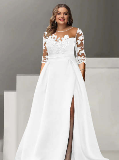 Sweetheart A-Line Princess Floor-Length Plus Size Mother of the Bride Dress with 3/4 Sleeves Lace & Side Split-BMbridal.UK