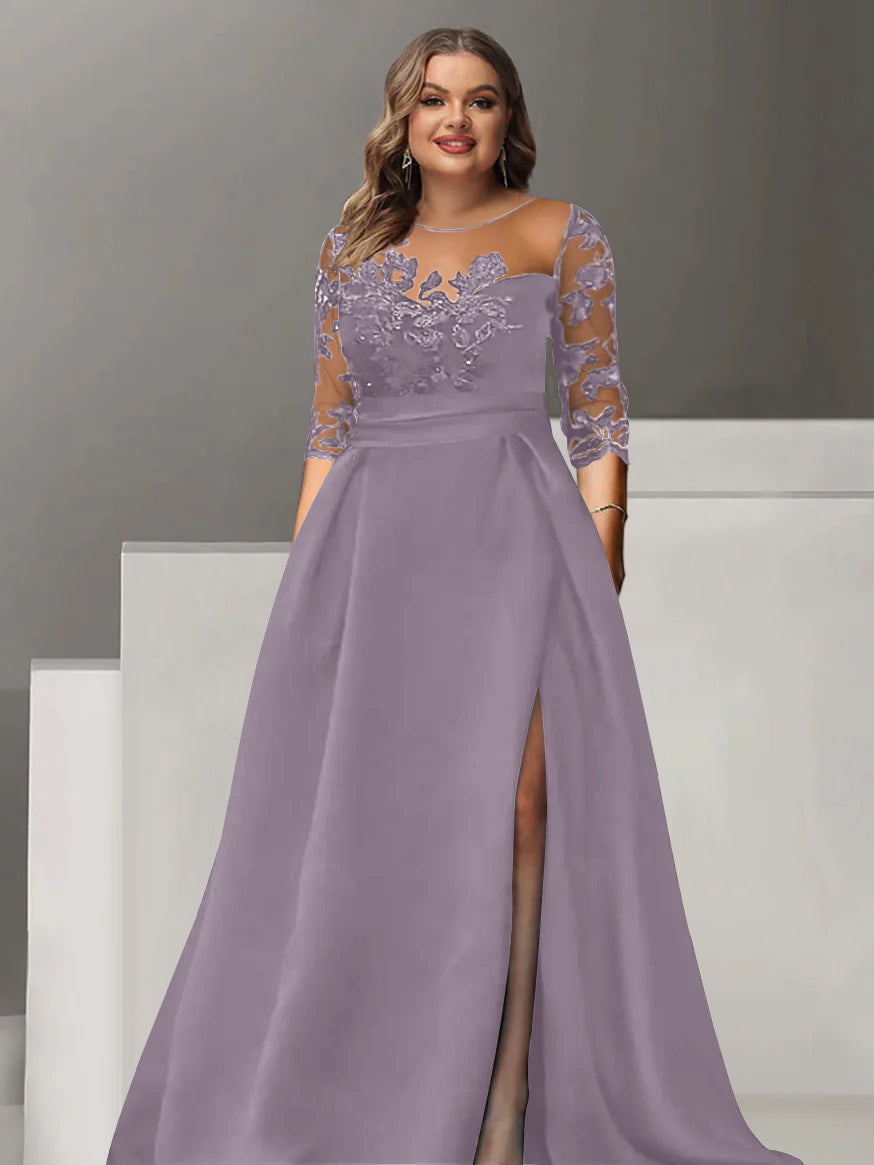 Sweetheart A-Line Princess Floor-Length Plus Size Mother of the Bride Dress with 3/4 Sleeves Lace & Side Split-BMbridal.UK