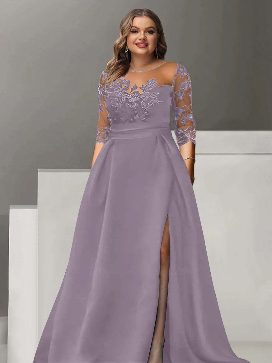 Sweetheart A-Line Princess Floor-Length Plus Size Mother of the Bride Dress with 3/4 Sleeves Lace & Side Split-BMbridal.UK