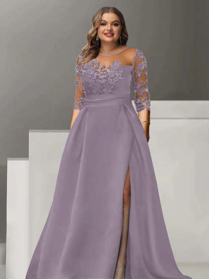 Sweetheart A-Line Princess Floor-Length Plus Size Mother of the Bride Dress with 3/4 Sleeves Lace & Side Split-BMbridal.UK