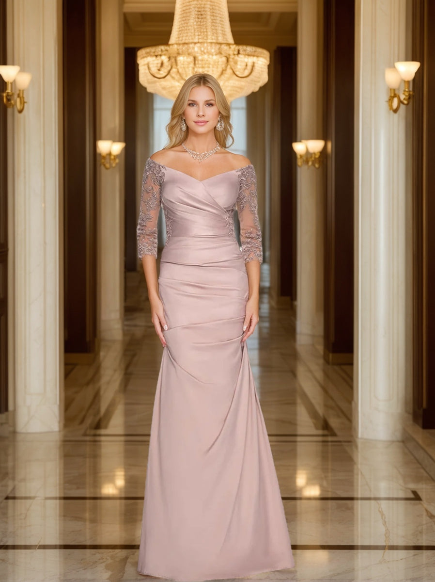 Off-the-Shoulder 3/4 Sleeve Beaded Trumpet/Mermaid Mother of the Bride Dress