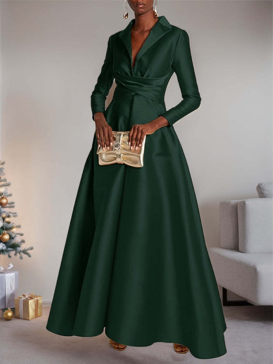 Floor-length V-Neck Evening Dresses with Long Sleeves in A-Line/Princess Style