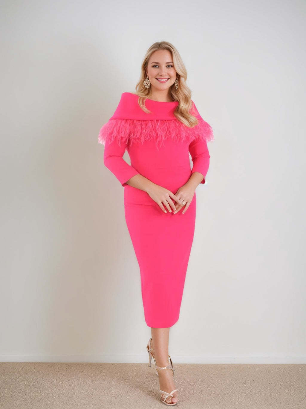 Tea-Length Sheath/Column Mother of the Bride Dress with 3/4 Sleeves and Feather