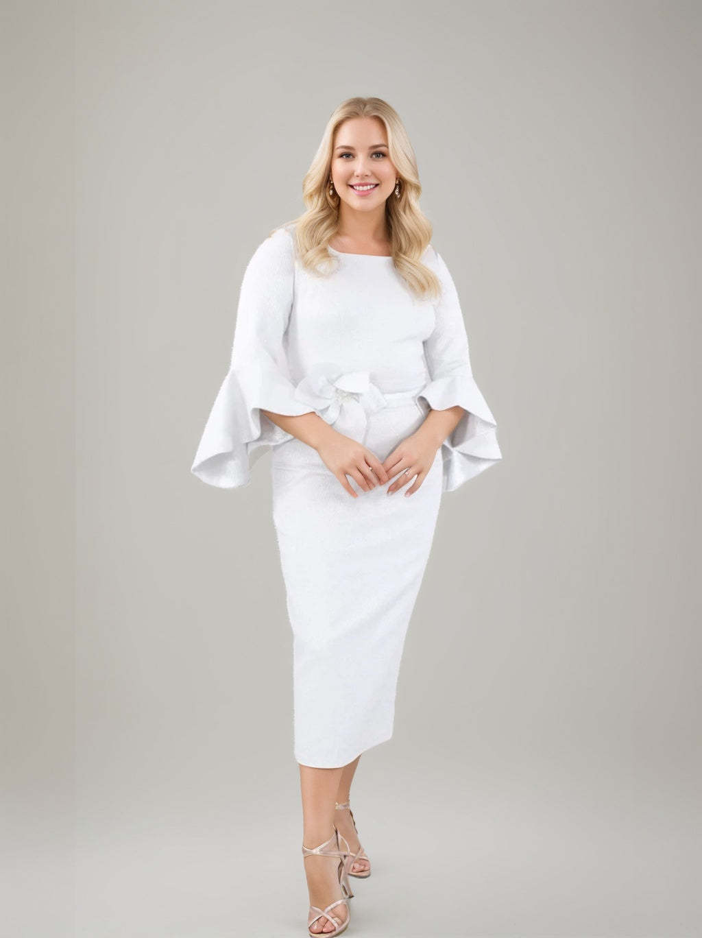 Square Neck Tea-Length Sheath/Column Mother of the Bride Dress with 3/4 Sleeves and Ruffles