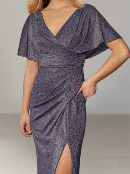 Floor-Length Plunging Neck Mother of the Bride Dress with Draped Sleeve and Side Split
