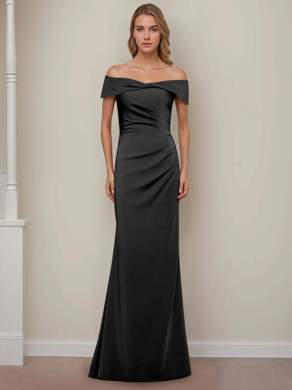 Off-the-Shoulder Short Sleeve Floor-Length Mother of the Bride Dress with Ruffles in Sheath/Column Style-BMbridal.UK