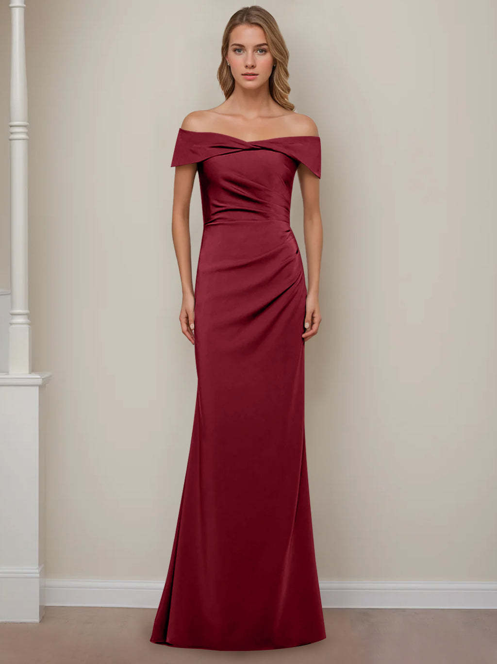 Off-the-Shoulder Short Sleeve Floor-Length Mother of the Bride Dress with Ruffles in Sheath/Column Style-BMbridal.UK