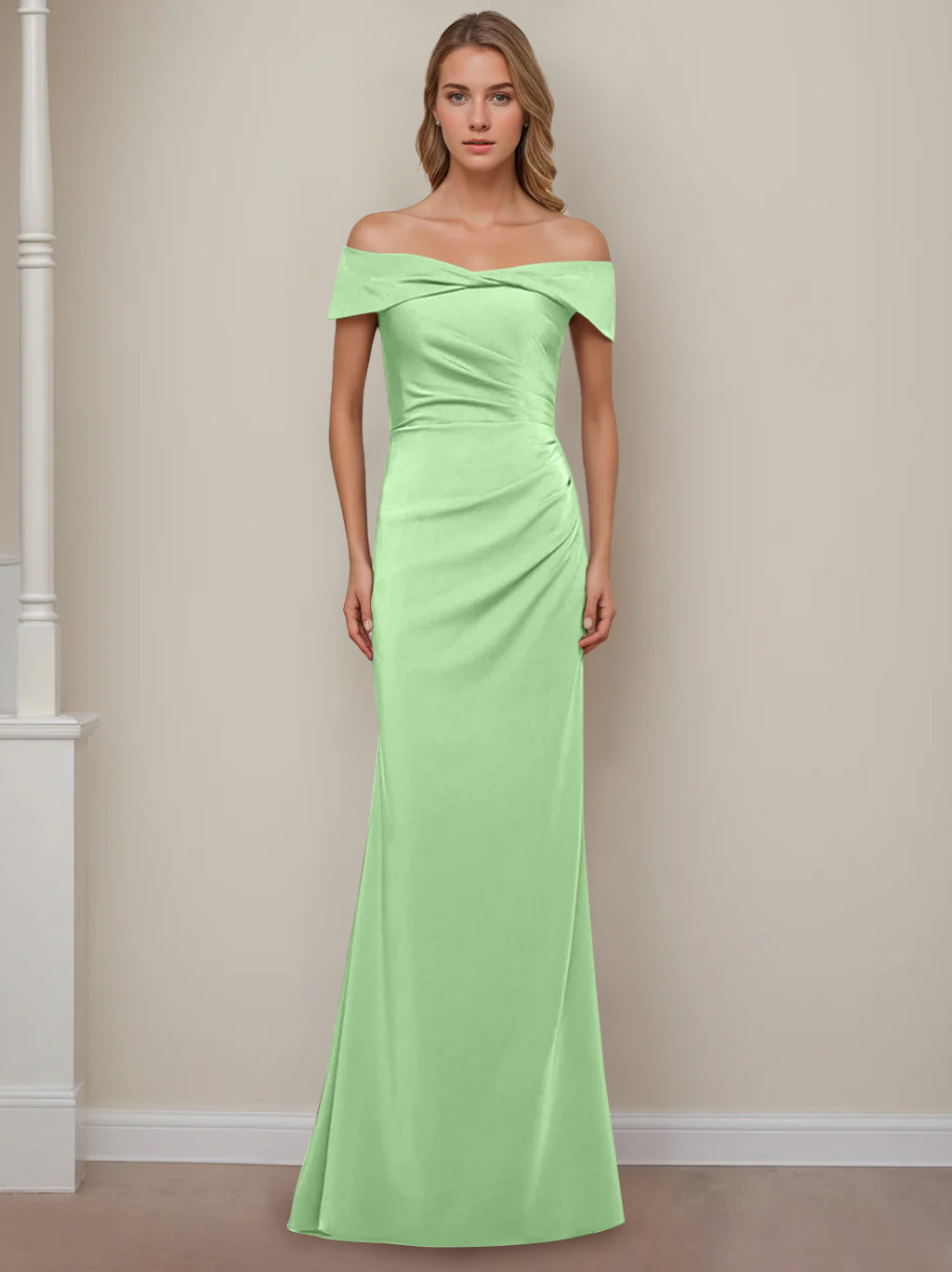 Off-the-Shoulder Short Sleeve Floor-Length Mother of the Bride Dress with Ruffles in Sheath/Column Style-BMbridal.UK