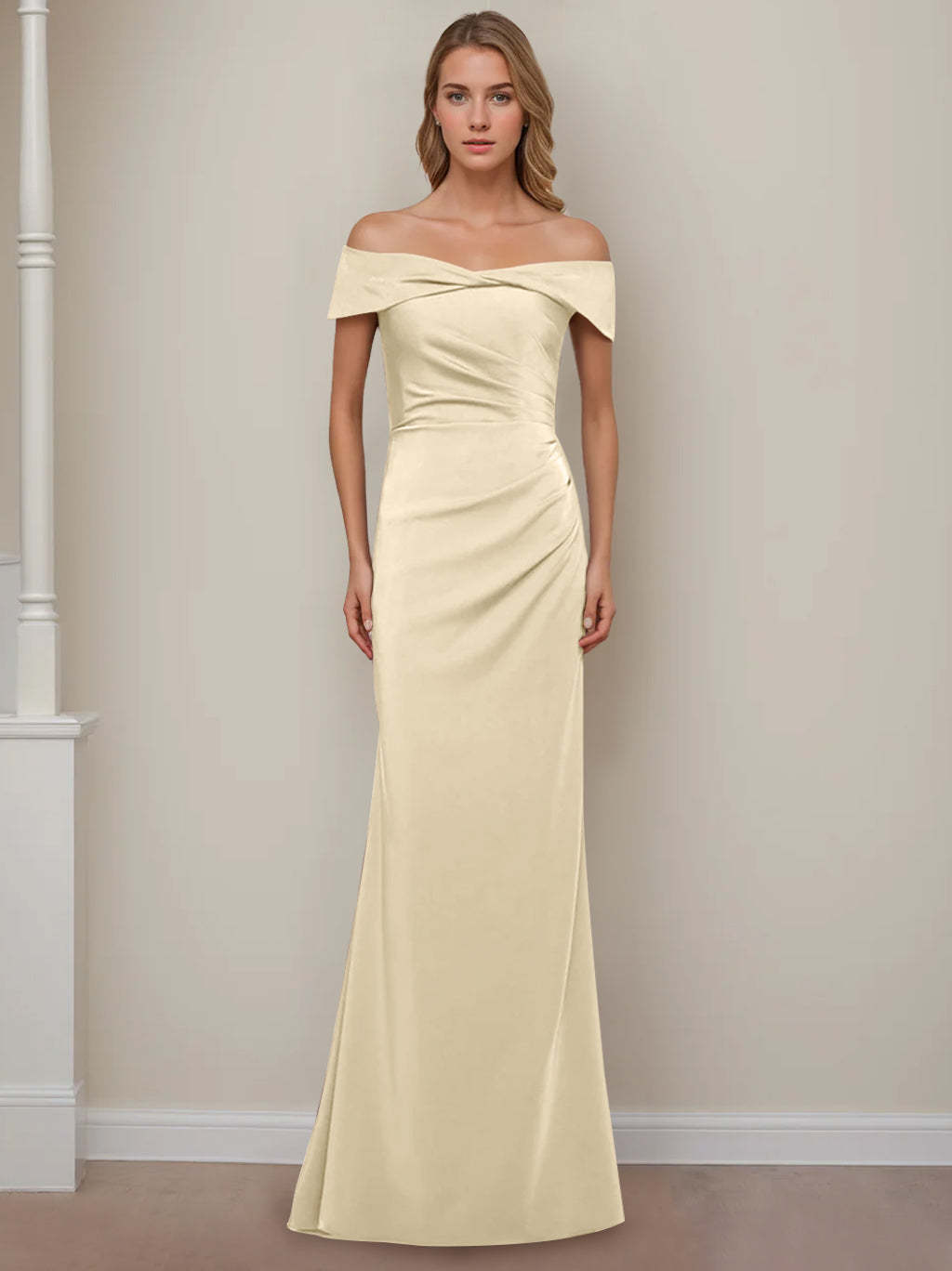 Off-the-Shoulder Short Sleeve Floor-Length Mother of the Bride Dress with Ruffles in Sheath/Column Style-BMbridal.UK