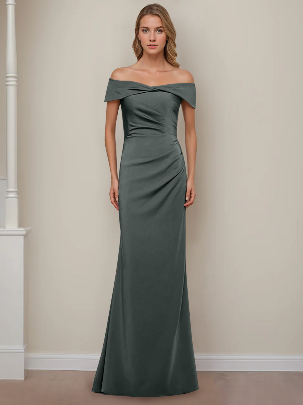 Off-the-Shoulder Short Sleeve Floor-Length Mother of the Bride Dress with Ruffles in Sheath/Column Style-BMbridal.UK