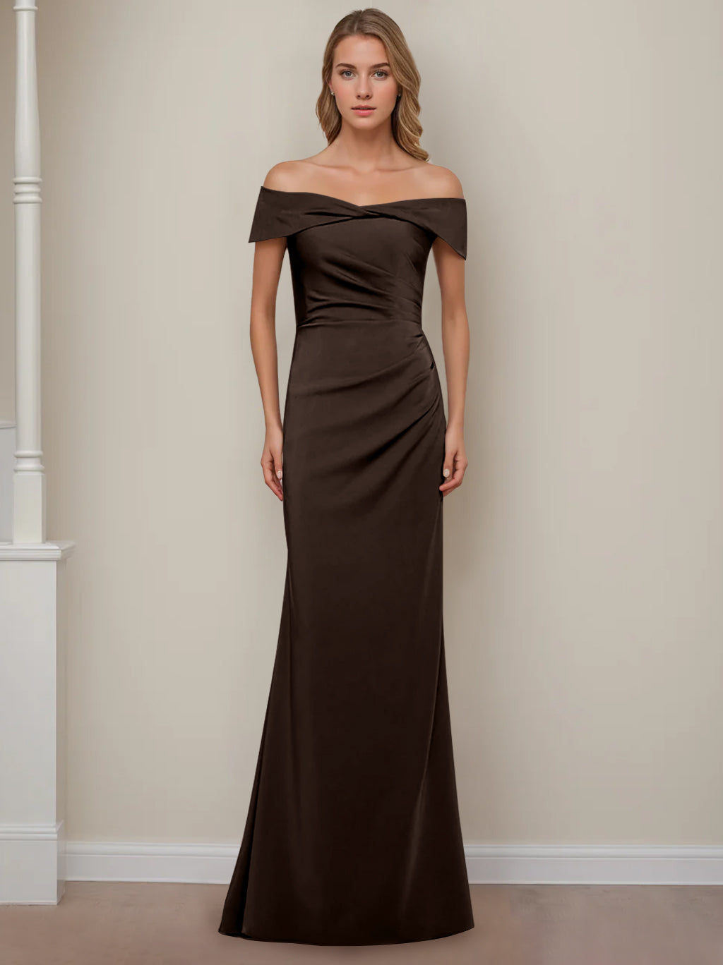 Off-the-Shoulder Short Sleeve Floor-Length Mother of the Bride Dress with Ruffles in Sheath/Column Style-BMbridal.UK