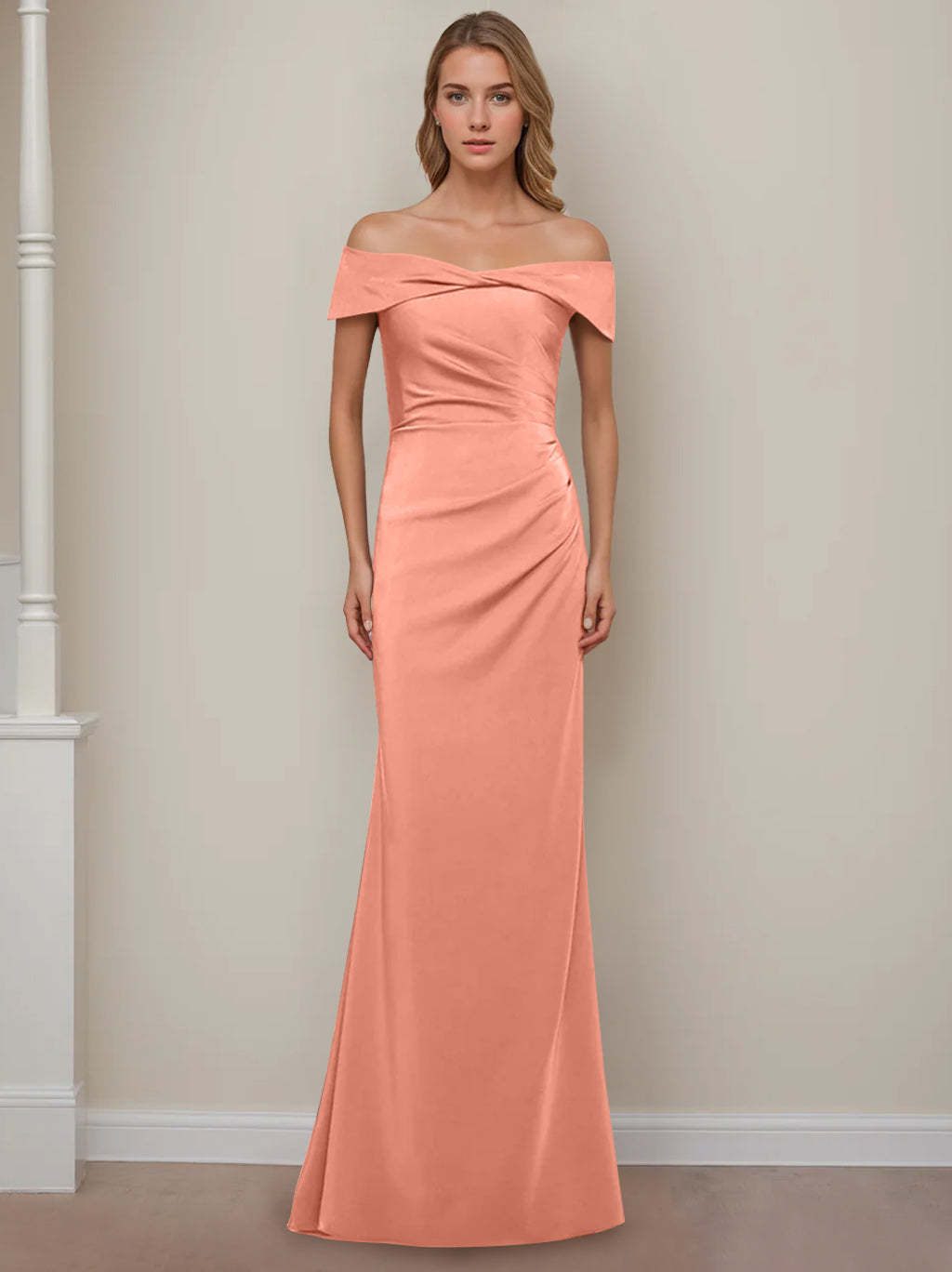 Off-the-Shoulder Short Sleeve Floor-Length Mother of the Bride Dress with Ruffles in Sheath/Column Style-BMbridal.UK