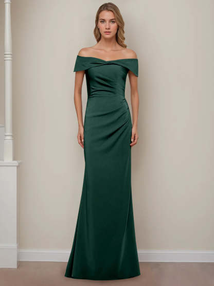 Off-the-Shoulder Short Sleeve Floor-Length Mother of the Bride Dress with Ruffles in Sheath/Column Style-BMbridal.UK