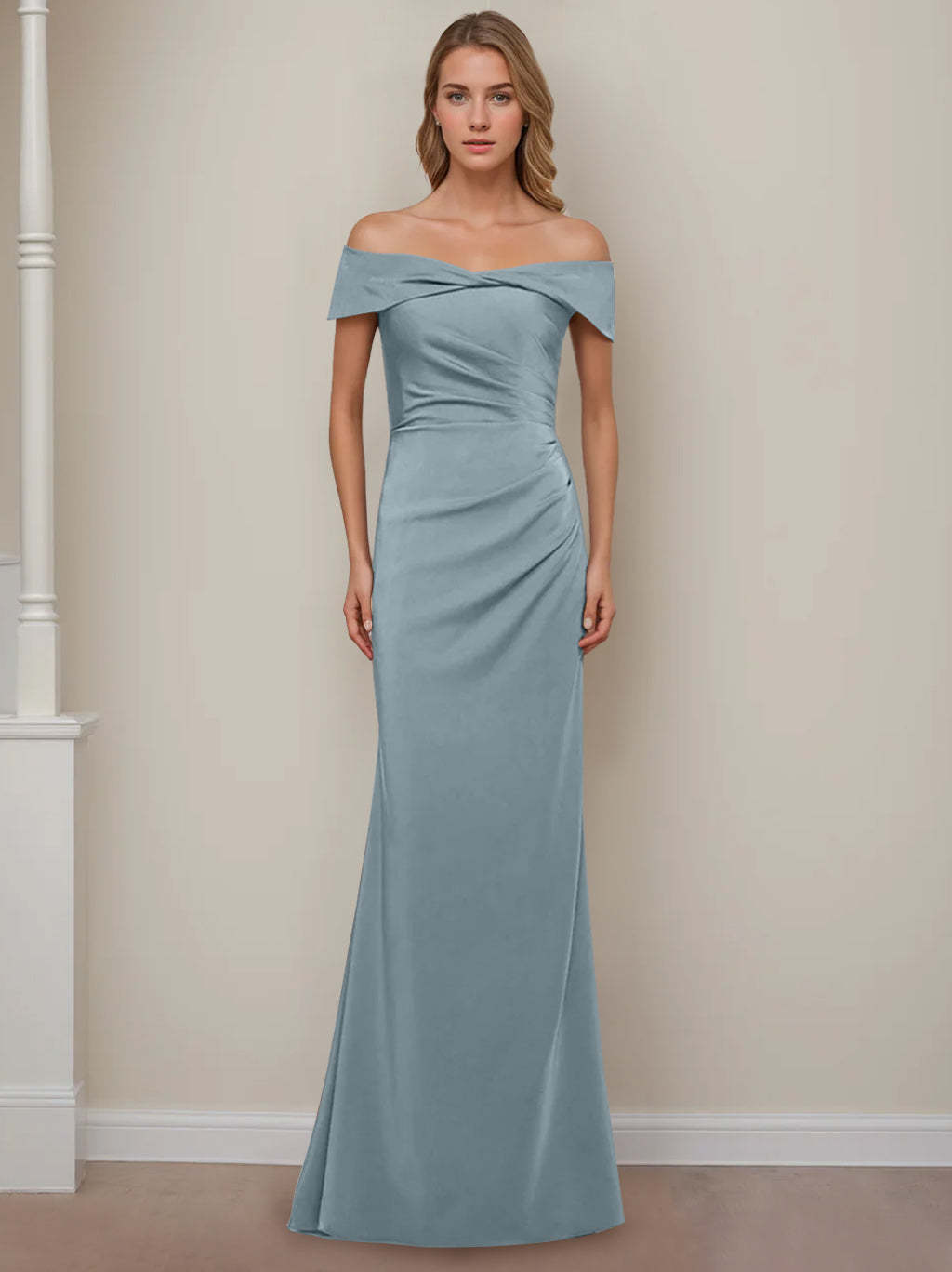 Off-the-Shoulder Short Sleeve Floor-Length Mother of the Bride Dress with Ruffles in Sheath/Column Style-BMbridal.UK