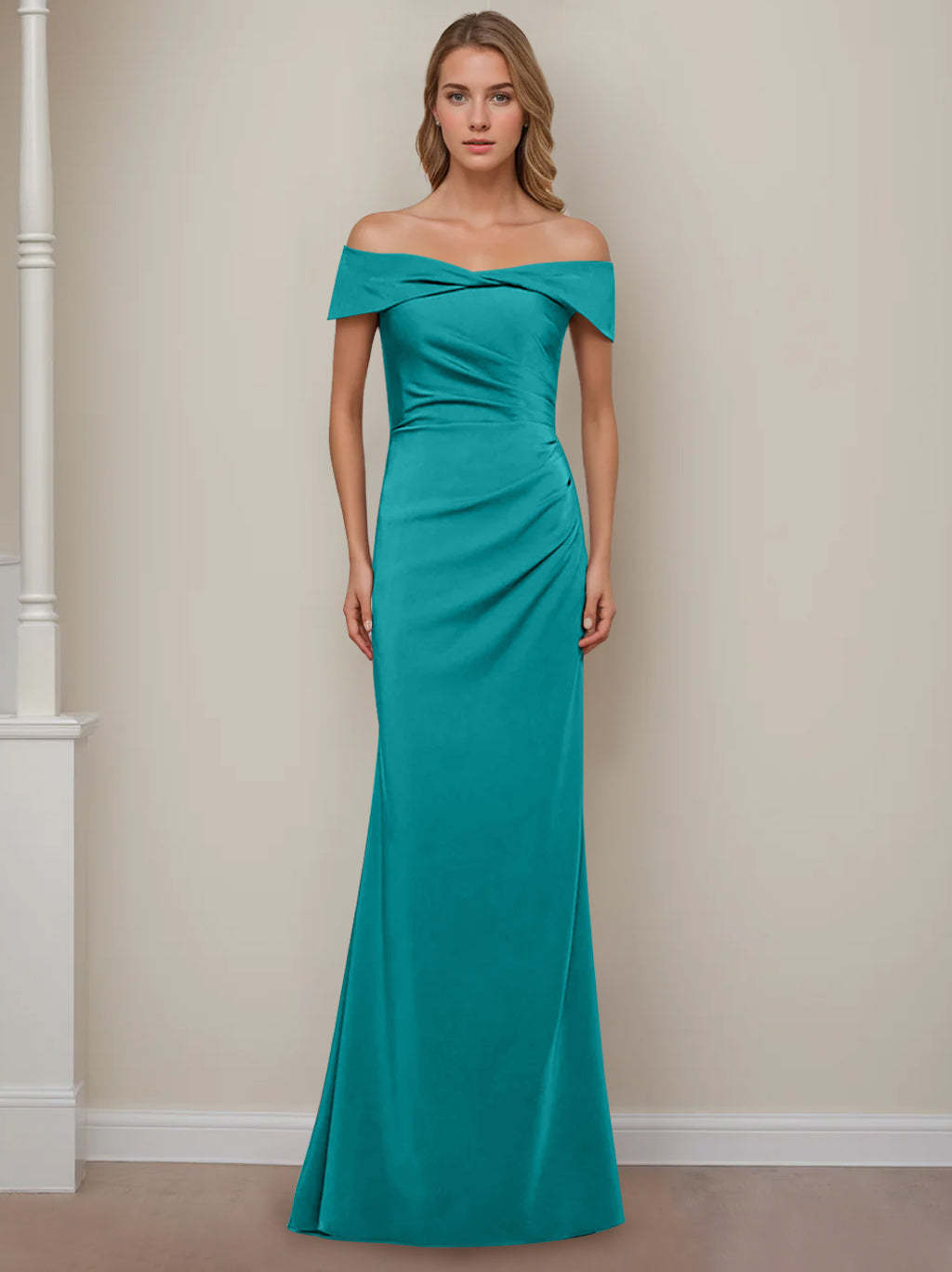Off-the-Shoulder Short Sleeve Floor-Length Mother of the Bride Dress with Ruffles in Sheath/Column Style-BMbridal.UK