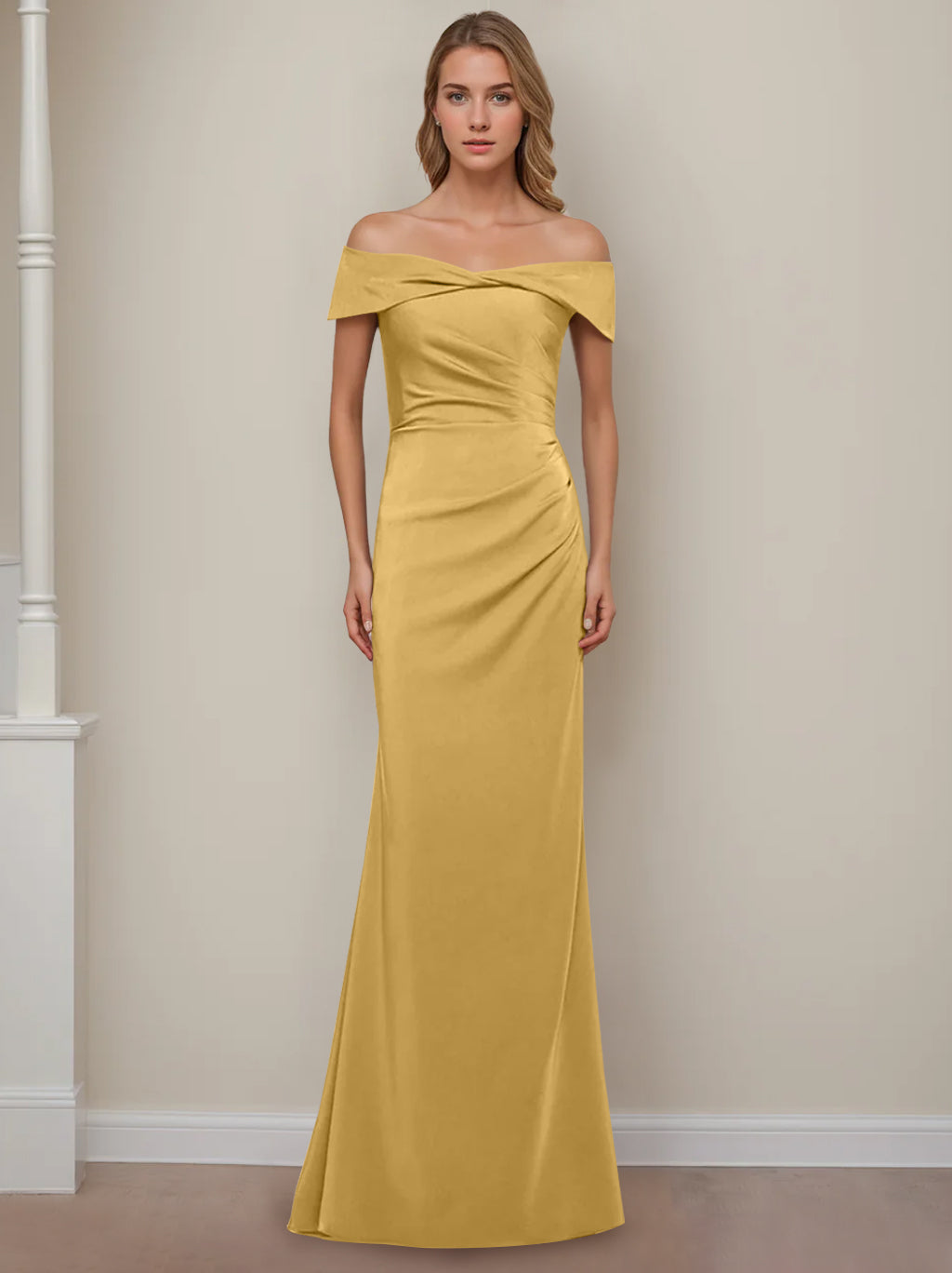 Off-the-Shoulder Short Sleeve Floor-Length Mother of the Bride Dress with Ruffles in Sheath/Column Style-BMbridal.UK