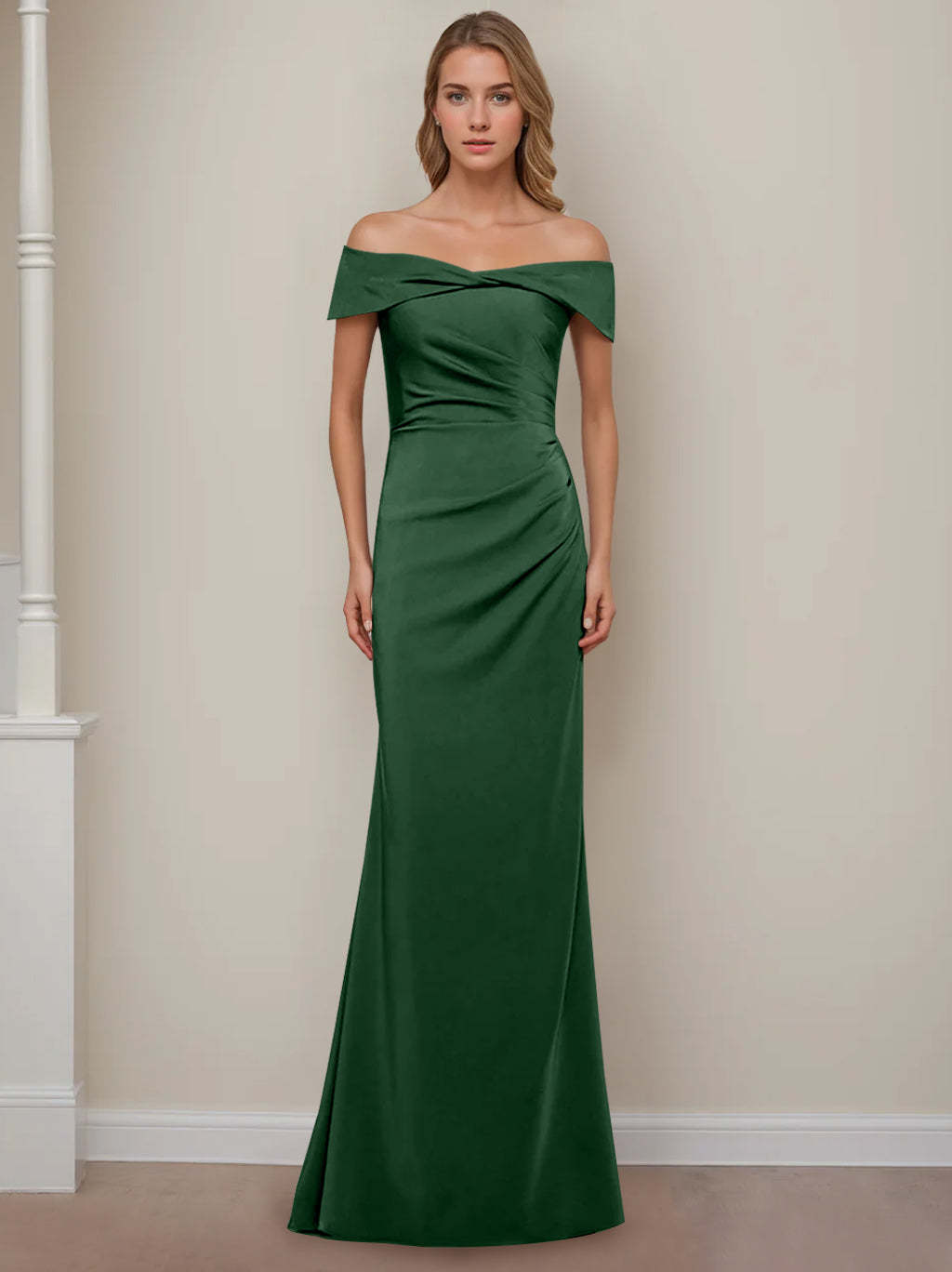 Off-the-Shoulder Short Sleeve Floor-Length Mother of the Bride Dress with Ruffles in Sheath/Column Style-BMbridal.UK