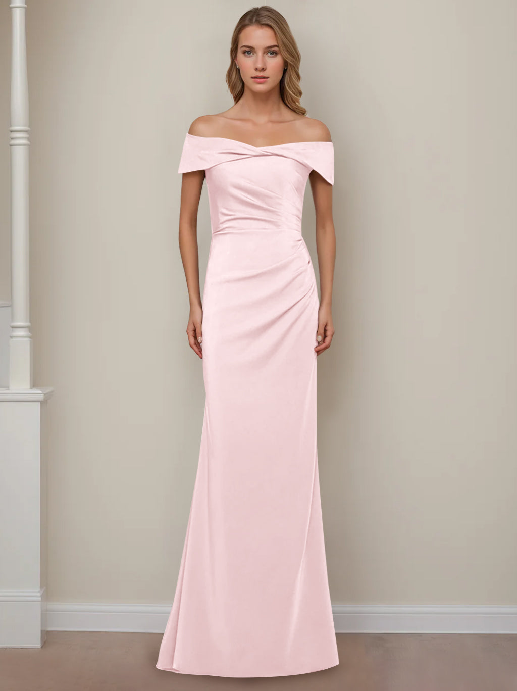 Off-the-Shoulder Short Sleeve Floor-Length Mother of the Bride Dress with Ruffles in Sheath/Column Style-BMbridal.UK