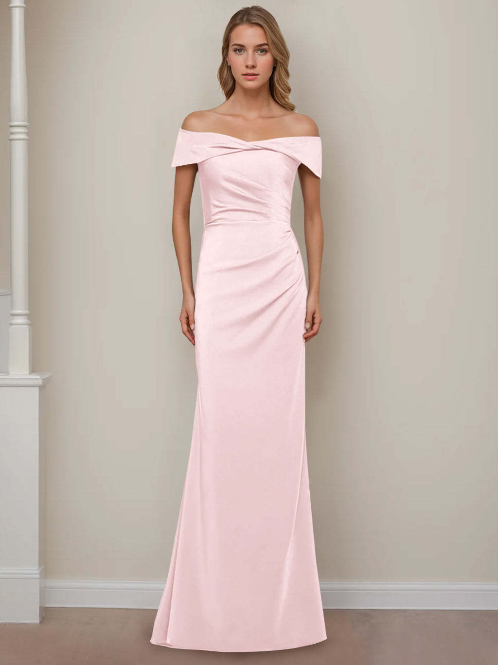Off-the-Shoulder Short Sleeve Floor-Length Mother of the Bride Dress with Ruffles in Sheath/Column Style-BMbridal.UK