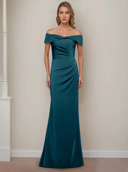 Off-the-Shoulder Short Sleeve Floor-Length Mother of the Bride Dress with Ruffles in Sheath/Column Style-BMbridal.UK
