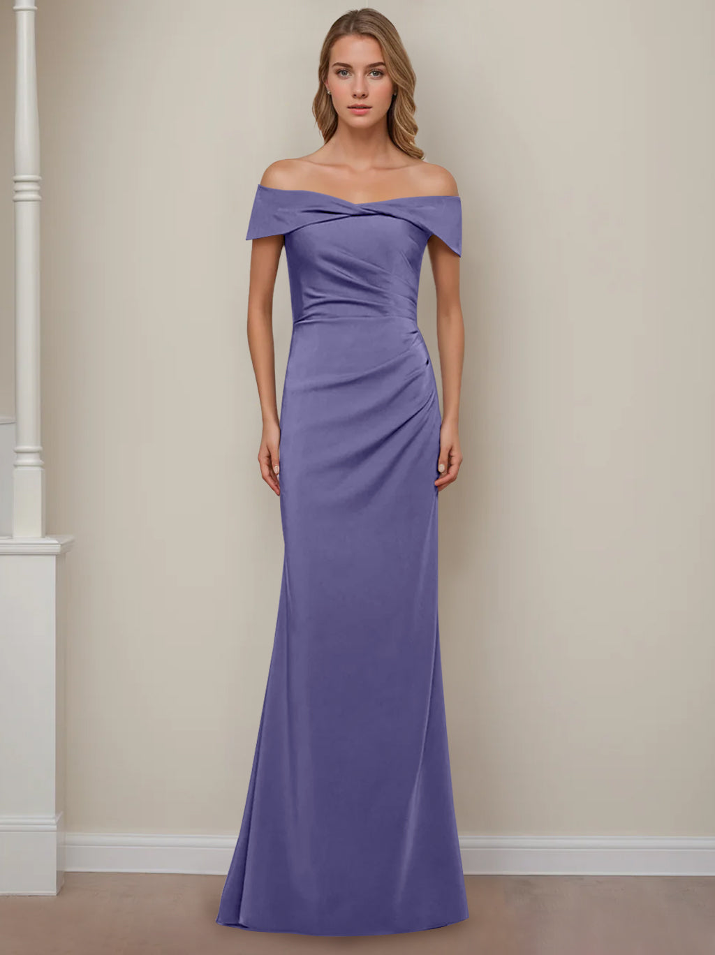 Off-the-Shoulder Short Sleeve Floor-Length Mother of the Bride Dress with Ruffles in Sheath/Column Style-BMbridal.UK