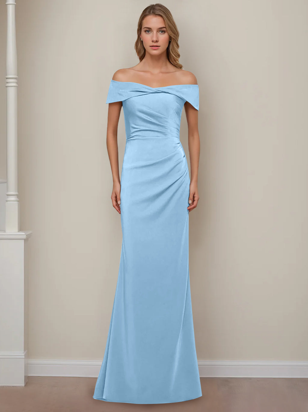Off-the-Shoulder Short Sleeve Floor-Length Mother of the Bride Dress with Ruffles in Sheath/Column Style-BMbridal.UK