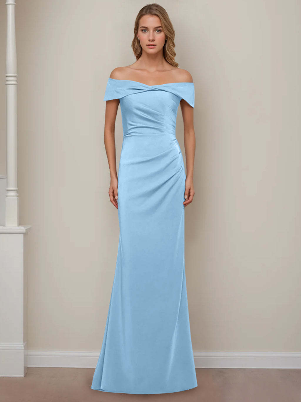 Off-the-Shoulder Short Sleeve Floor-Length Mother of the Bride Dress with Ruffles in Sheath/Column Style-BMbridal.UK