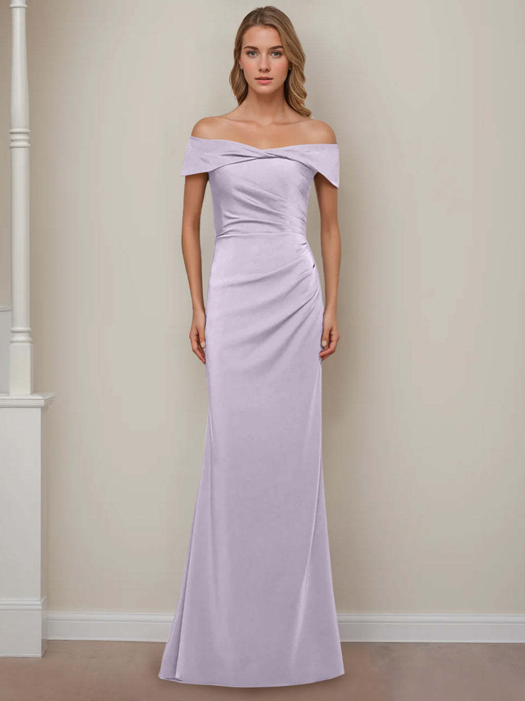 Off-the-Shoulder Short Sleeve Floor-Length Mother of the Bride Dress with Ruffles in Sheath/Column Style-BMbridal.UK