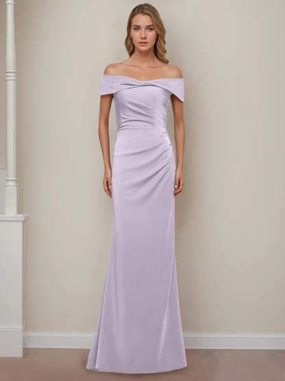 Off-the-Shoulder Short Sleeve Floor-Length Mother of the Bride Dress with Ruffles in Sheath/Column Style-BMbridal.UK