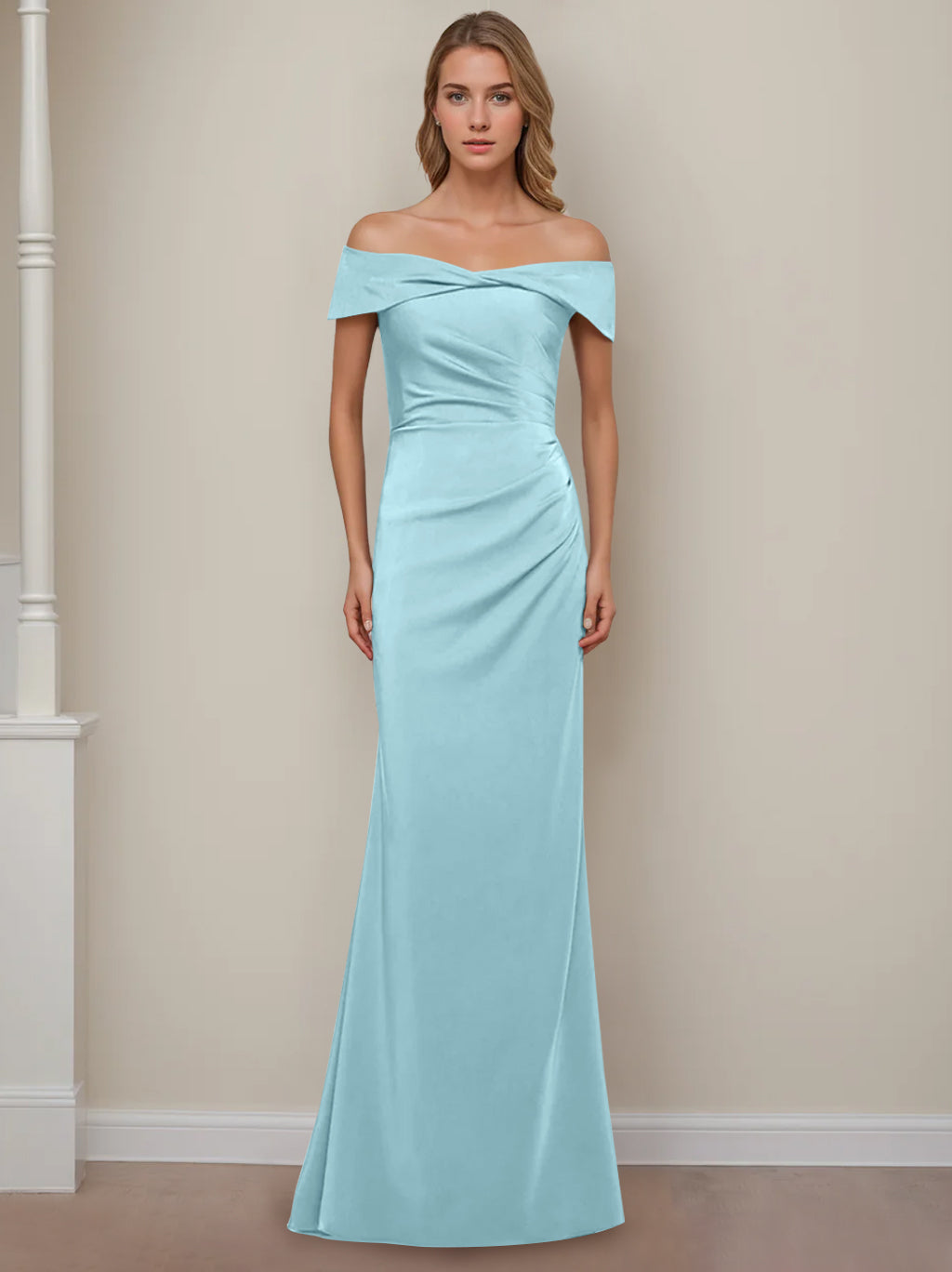 Off-the-Shoulder Short Sleeve Floor-Length Mother of the Bride Dress with Ruffles in Sheath/Column Style-BMbridal.UK