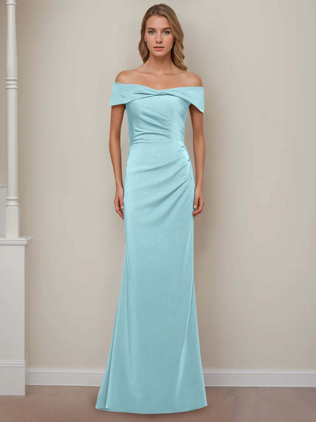 Off-the-Shoulder Short Sleeve Floor-Length Mother of the Bride Dress with Ruffles in Sheath/Column Style-BMbridal.UK