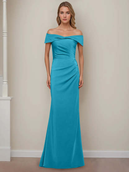 Off-the-Shoulder Short Sleeve Floor-Length Mother of the Bride Dress with Ruffles in Sheath/Column Style-BMbridal.UK