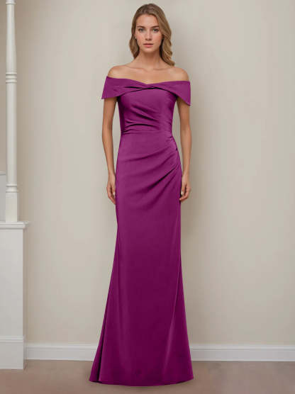 Off-the-Shoulder Short Sleeve Floor-Length Mother of the Bride Dress with Ruffles in Sheath/Column Style-BMbridal.UK