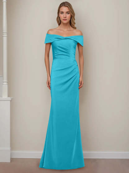 Off-the-Shoulder Short Sleeve Floor-Length Mother of the Bride Dress with Ruffles in Sheath/Column Style-BMbridal.UK