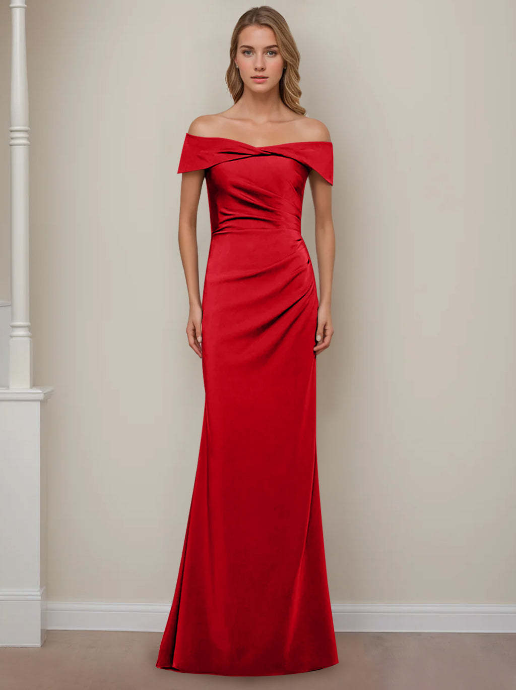 Off-the-Shoulder Short Sleeve Floor-Length Mother of the Bride Dress with Ruffles in Sheath/Column Style-BMbridal.UK