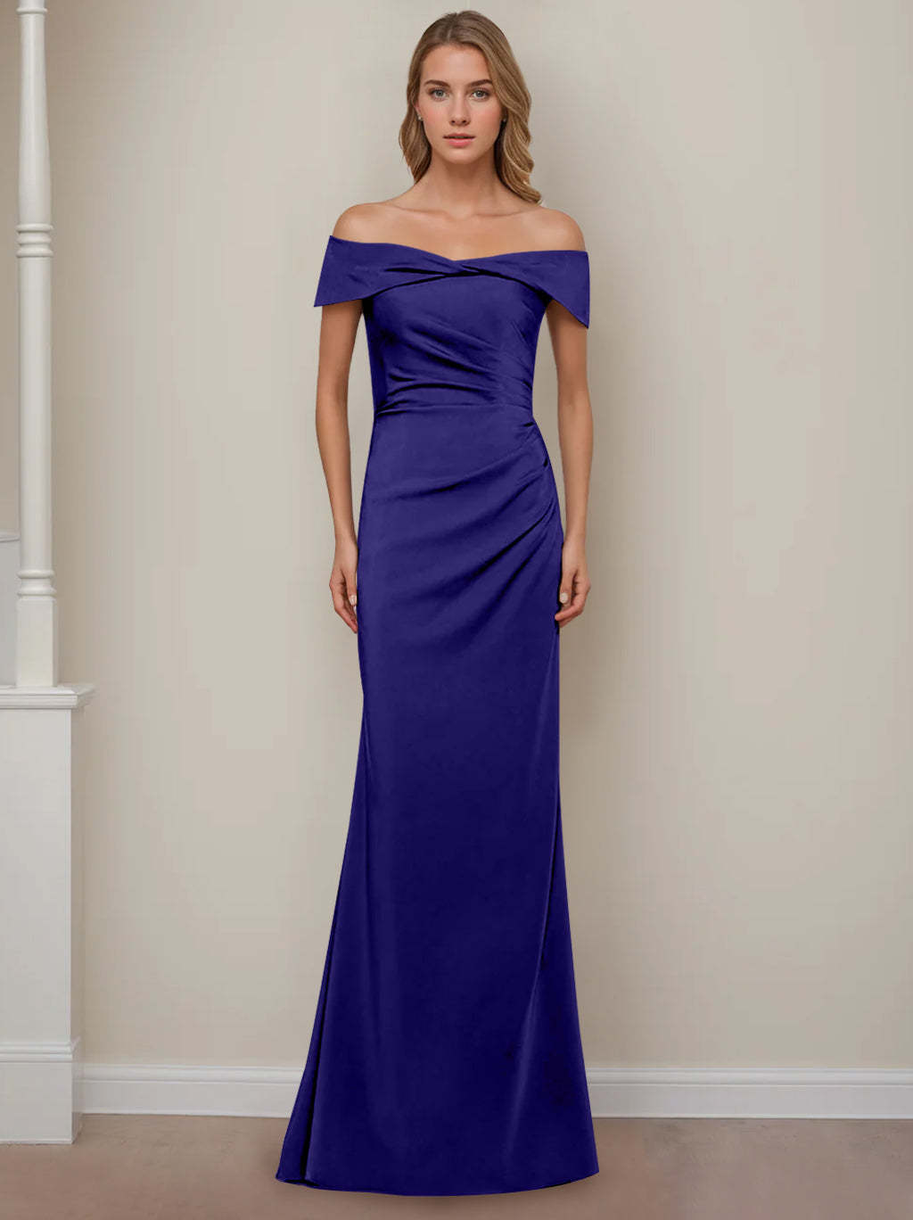 Off-the-Shoulder Short Sleeve Floor-Length Mother of the Bride Dress with Ruffles in Sheath/Column Style-BMbridal.UK