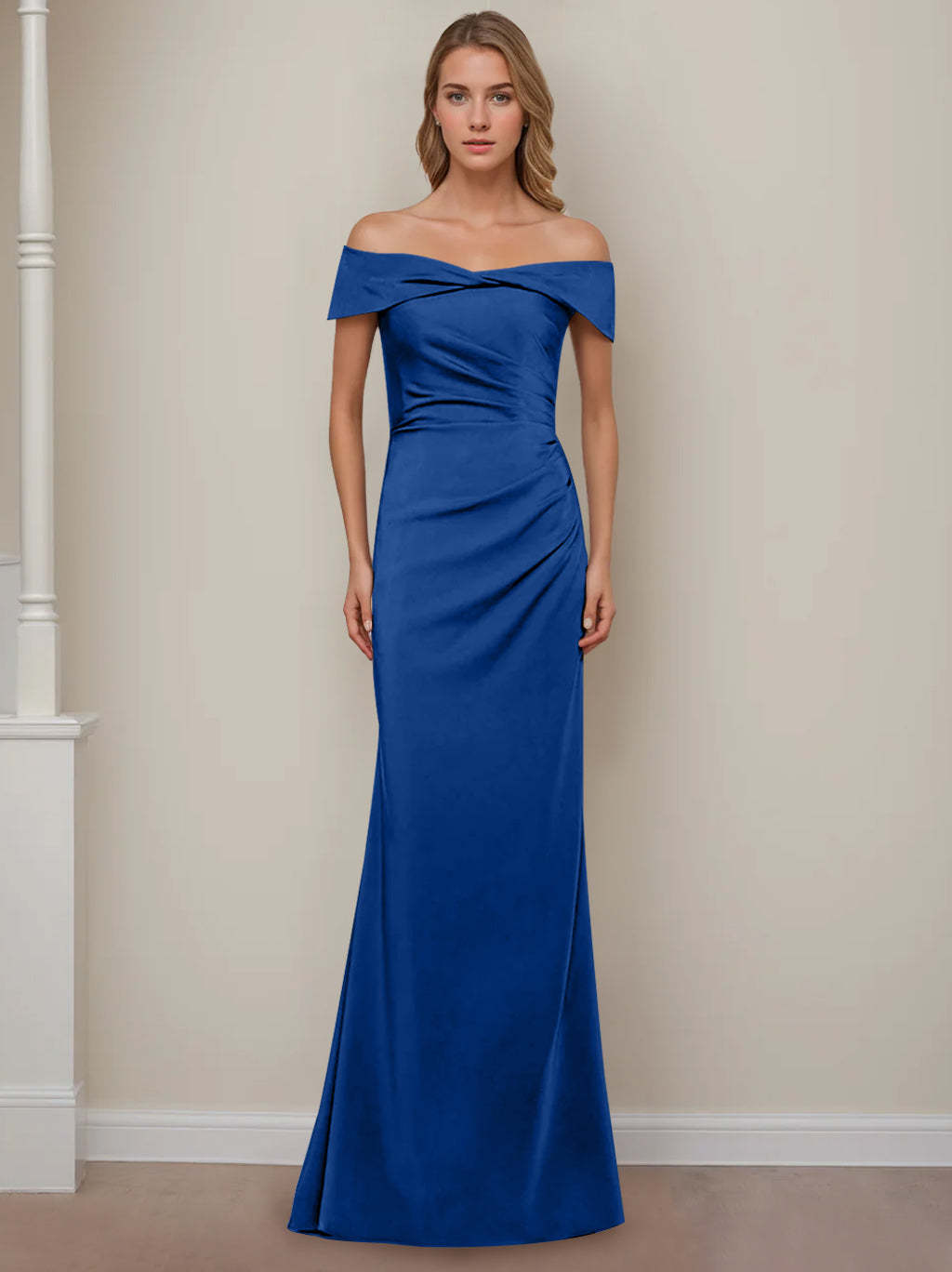 Off-the-Shoulder Short Sleeve Floor-Length Mother of the Bride Dress with Ruffles in Sheath/Column Style-BMbridal.UK