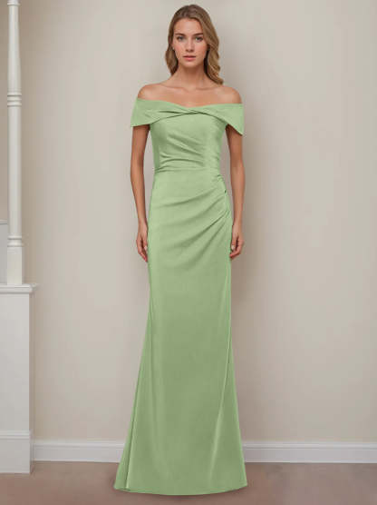 Off-the-Shoulder Short Sleeve Floor-Length Mother of the Bride Dress with Ruffles in Sheath/Column Style-BMbridal.UK