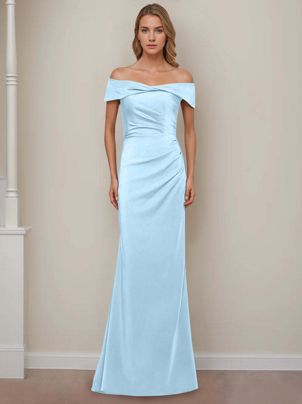 Off-the-Shoulder Short Sleeve Floor-Length Mother of the Bride Dress with Ruffles in Sheath/Column Style-BMbridal.UK
