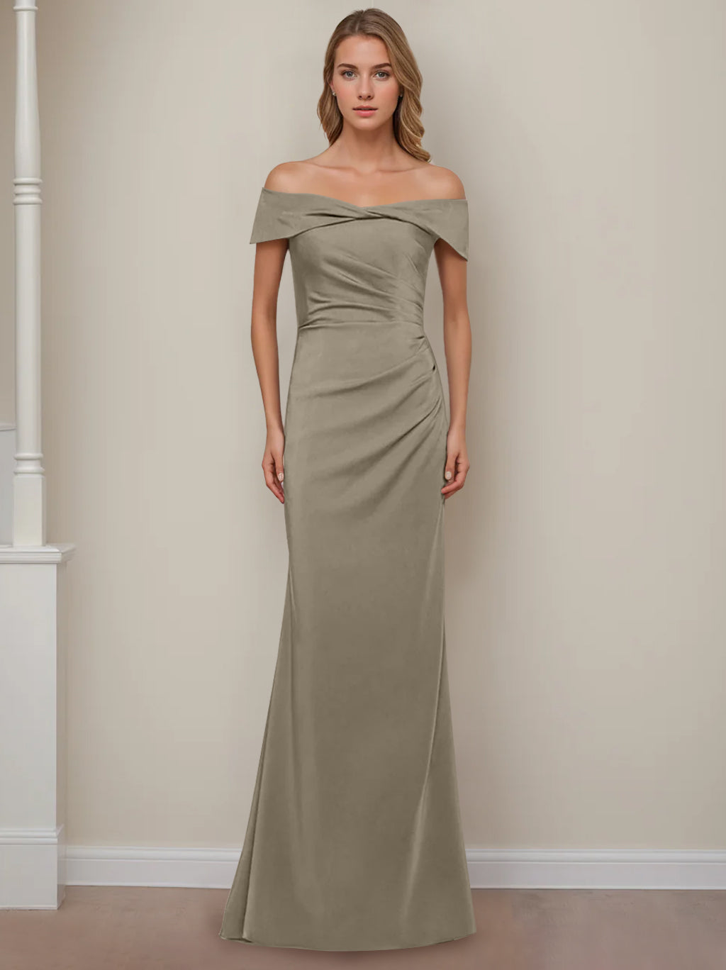 Off-the-Shoulder Short Sleeve Floor-Length Mother of the Bride Dress with Ruffles in Sheath/Column Style-BMbridal.UK