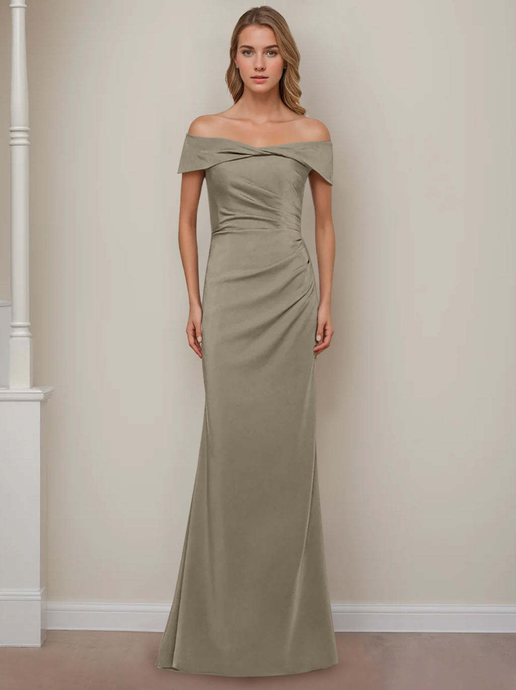 Off-the-Shoulder Short Sleeve Floor-Length Mother of the Bride Dress with Ruffles in Sheath/Column Style-BMbridal.UK