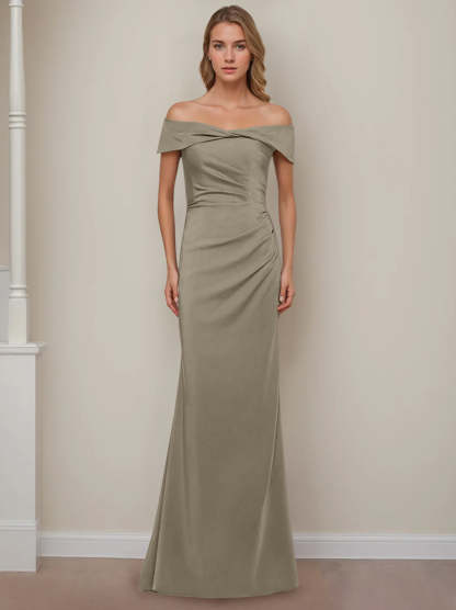 Off-the-Shoulder Short Sleeve Floor-Length Mother of the Bride Dress with Ruffles in Sheath/Column Style-BMbridal.UK
