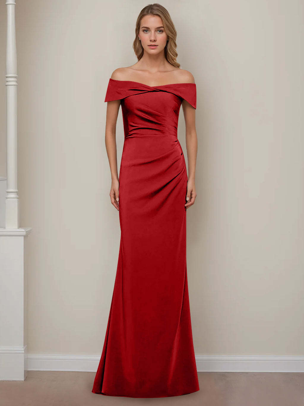 Off-the-Shoulder Short Sleeve Floor-Length Mother of the Bride Dress with Ruffles in Sheath/Column Style-BMbridal.UK