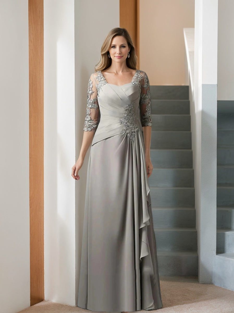 Floor-Length A-Line Princess Gown with Square Neck and Half Sleeves
