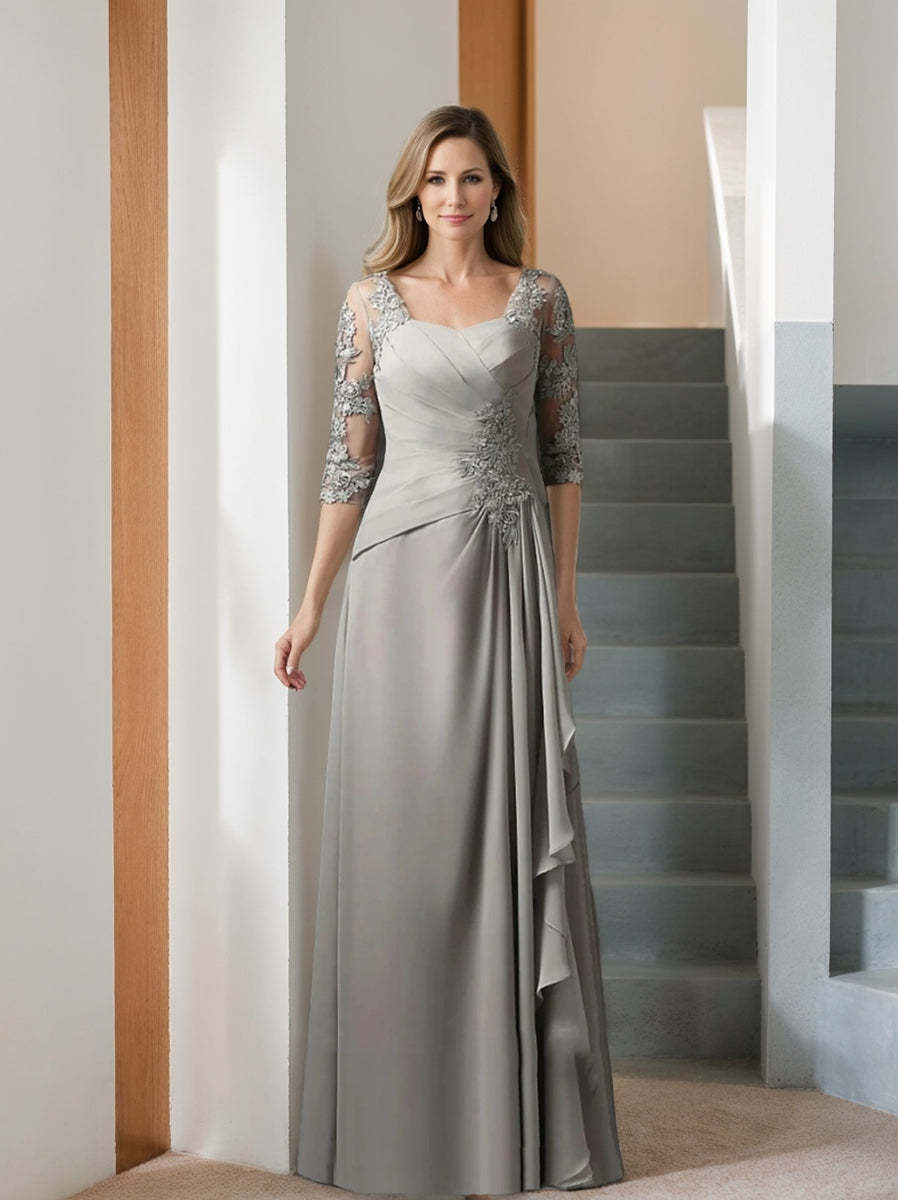 Floor-Length A-Line Princess Gown with Square Neck and Half Sleeves