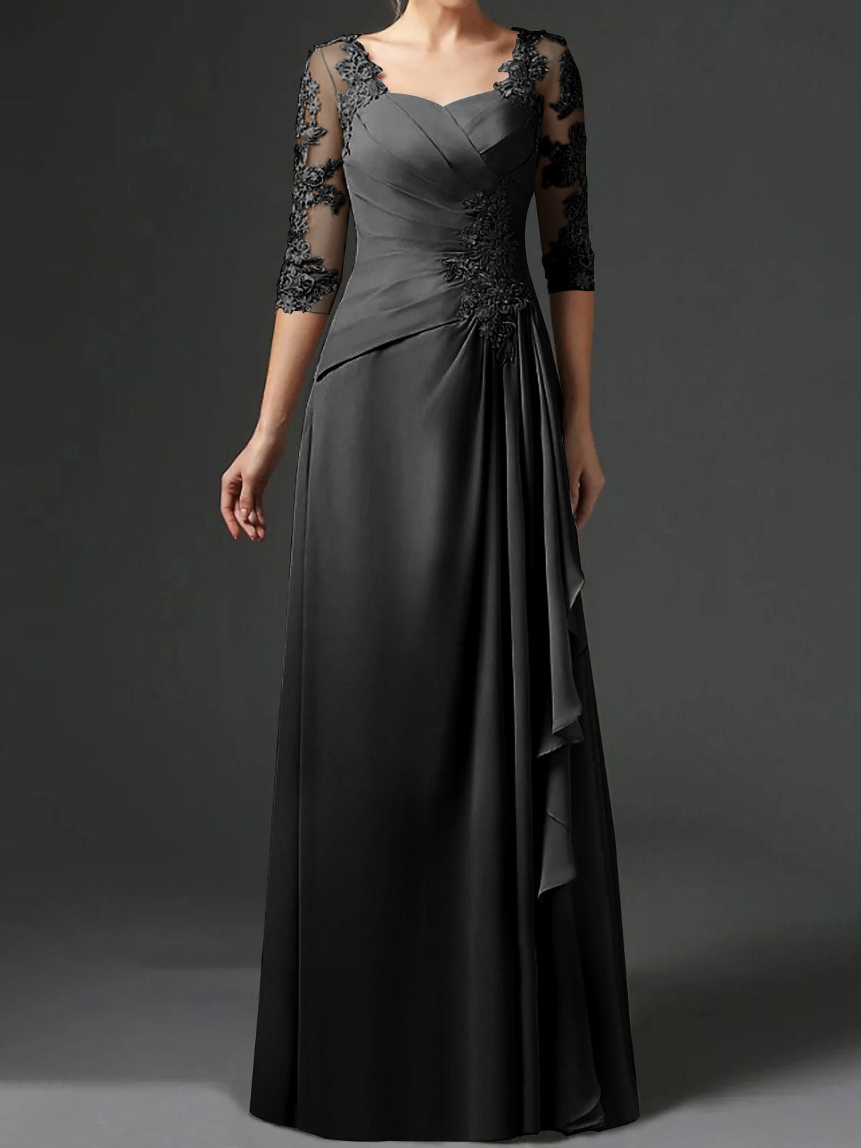 Floor-Length A-Line Princess Gown with Square Neck and Half Sleeves
