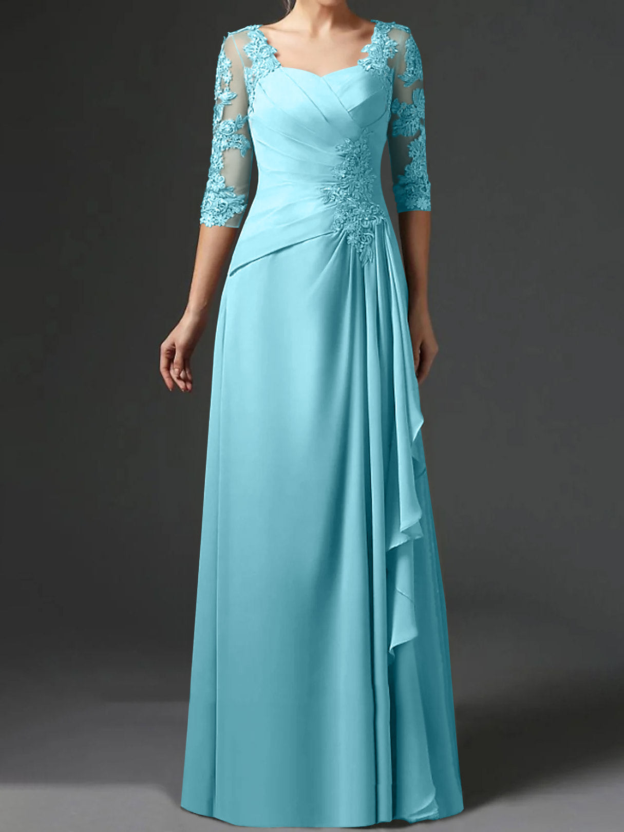 Floor-Length A-Line Princess Gown with Square Neck and Half Sleeves