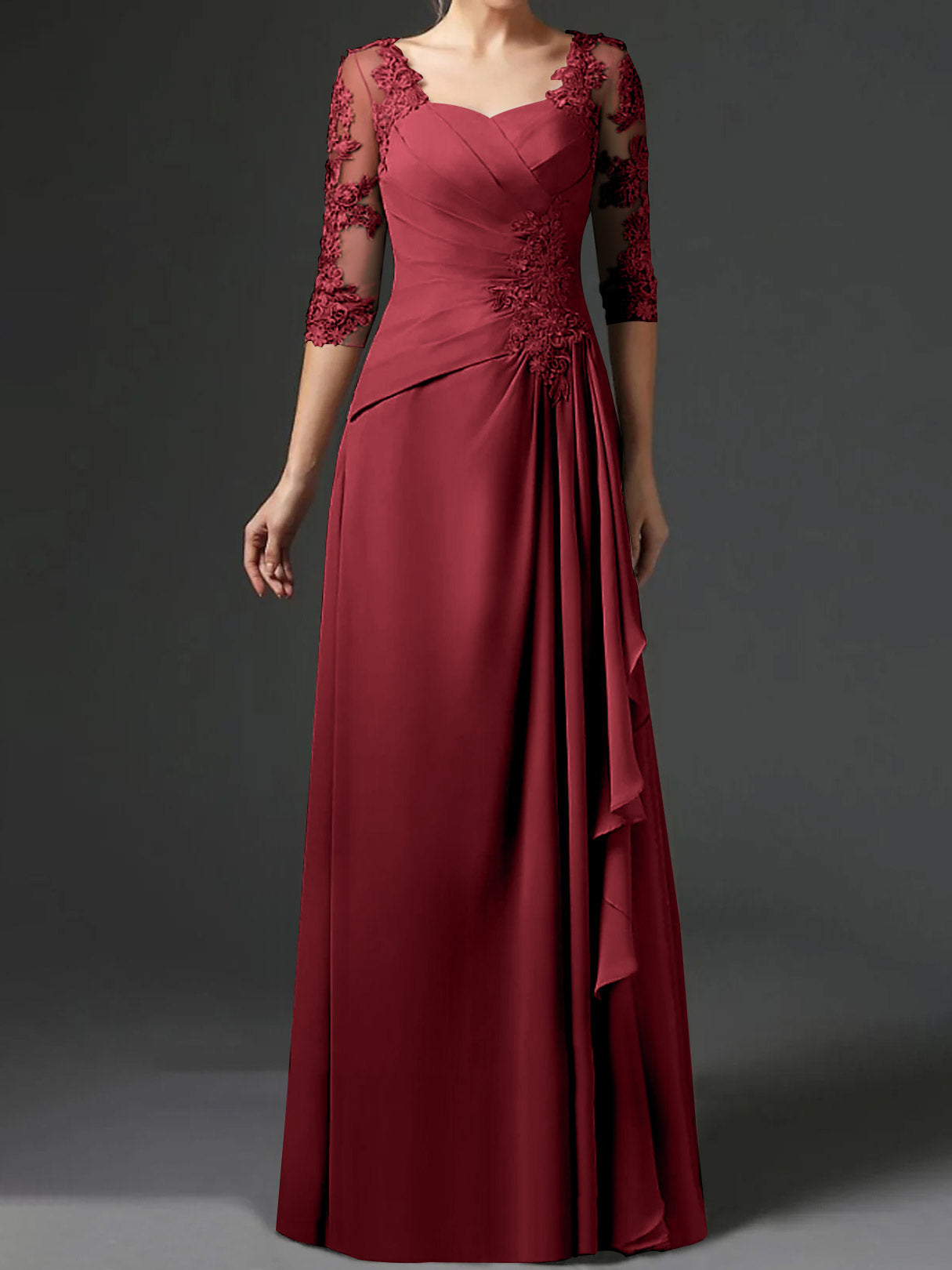 Floor-Length A-Line Princess Gown with Square Neck and Half Sleeves