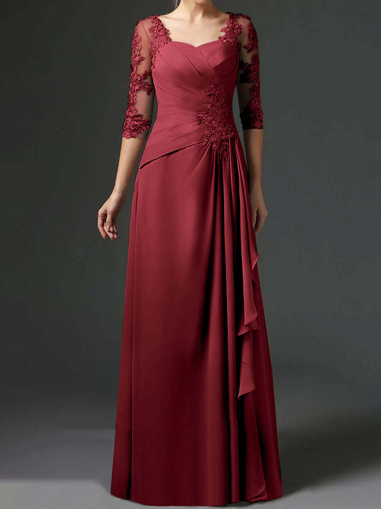 Floor-Length A-Line Princess Gown with Square Neck and Half Sleeves